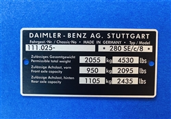 Chassis Data Plate for Mercedes 280SE, 111.025
