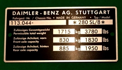 Chassis Data Plate - for Mercedes 280SL - 113Ch
