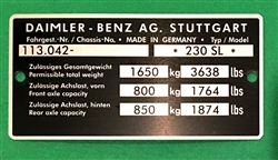 Chassis Data Plate - for Mercedes 230SL - 113Ch.