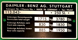 Chassis Data Plate - for Mercedes 250SL - 113Ch.