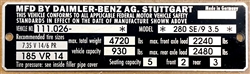 Chassis Data Plate for Mercedes 280SE 3.5, 111.026 - for US Models