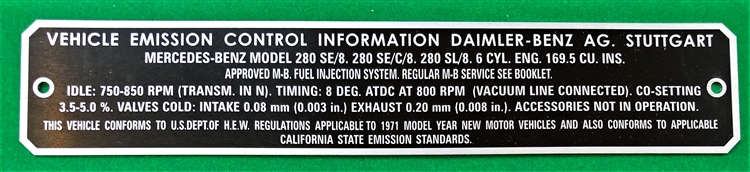 Mercedes Emission Control Plate for 1971  2.8L 6 Cylinder Models