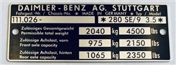 Chassis Data Plate for Mercedes 280SE 3.5, 111.026 -Euro Models