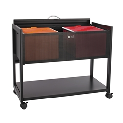 Steel filing cart with locking top features two rows of hanging files and lower shelf for additional storage.