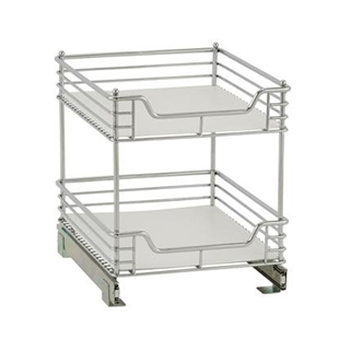 18"d x 14"w x 16"h chrome sliding shelf organizer that transforms from one to two tiers.