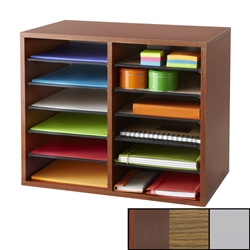 Adjustable Wooden Literature Organizer with 12 Compartments in Cherry, Gray, or Oak