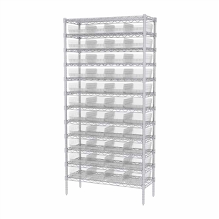 4" Shelf Bin Wire Shelving System w/ Clear Bins