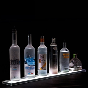 LED Bottle Shelf with a single lighted row and six display bottles on a black background.
