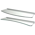 Set of 2 Clear Glass Wall Shelves - 1 Concave & 1 Convex - 24" wide with rail mounts