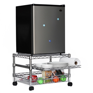 A short three shelf cart holding up a mini fridge.