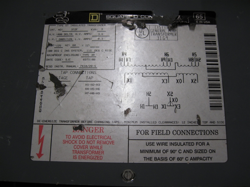 3T2F (R) 3KVA 3PH 480V-208/120V 3R SQD TRANSFORMER