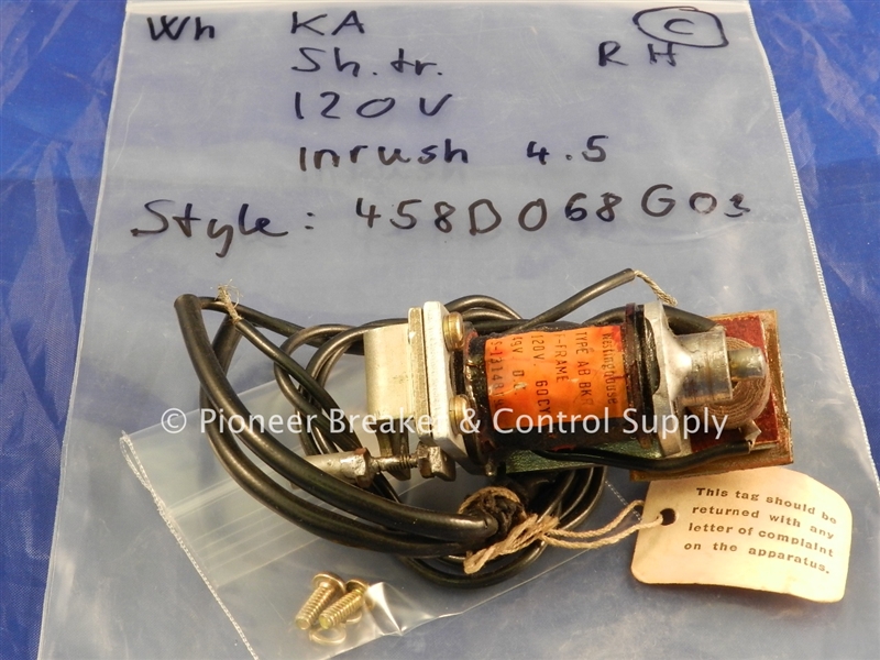 458D068G03 (R)  CUTLER HAMMER / WESTINGHOUSE SHUNT TRIP 120V AC; RIGHT POLE MOUNTING; SUITABLE FOR USE WITH JA, KA, HKA  MOLDED CASE CIRCUIT BREAKERS