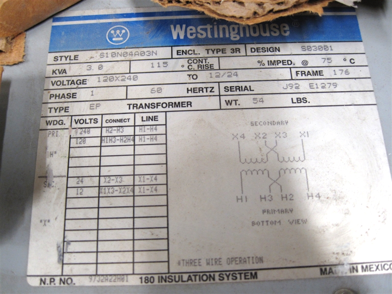 S10N04A03N WESTINGHOUSE 3KVA 1PH 120/240-12/24V TRANSFORMER