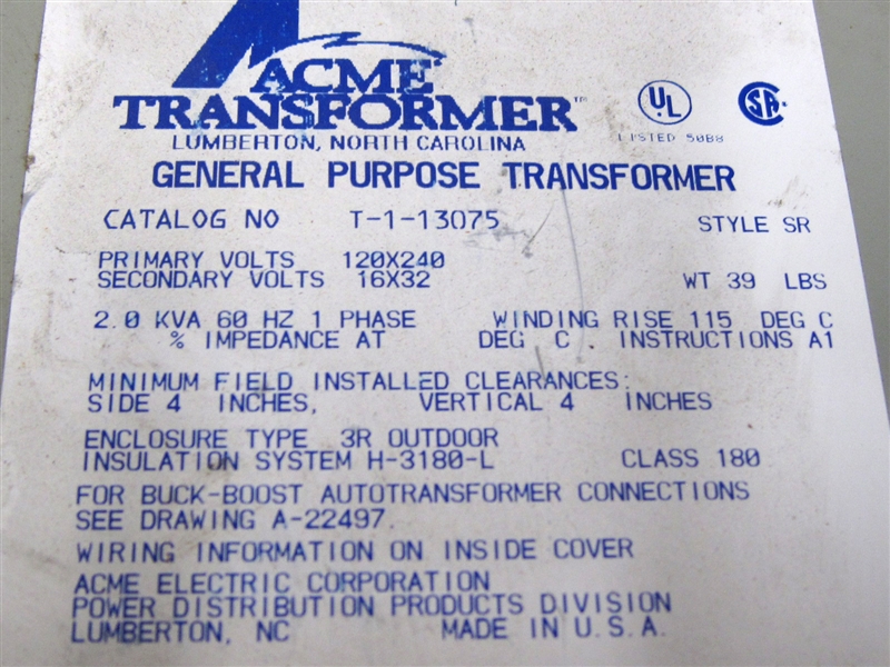 T-1-13075 (R) 2KVA 3R 1PH 120x240-16x32V ACME TRANSFORMER