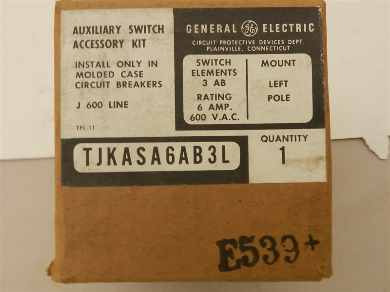 TJKASA6AB3L GE GENERAL ELECTRIC J FRAME AUXILIARY SWITCH 600 V AC; 250 V DC VOLTAGE; CONTACT CONFIGURATION 3A/3B; LEFT POLE MOUNTING; USED ON TJC,TJD,TJJ,TJK,THJK  MOLDED CASE CIRCUIT BREAKERS