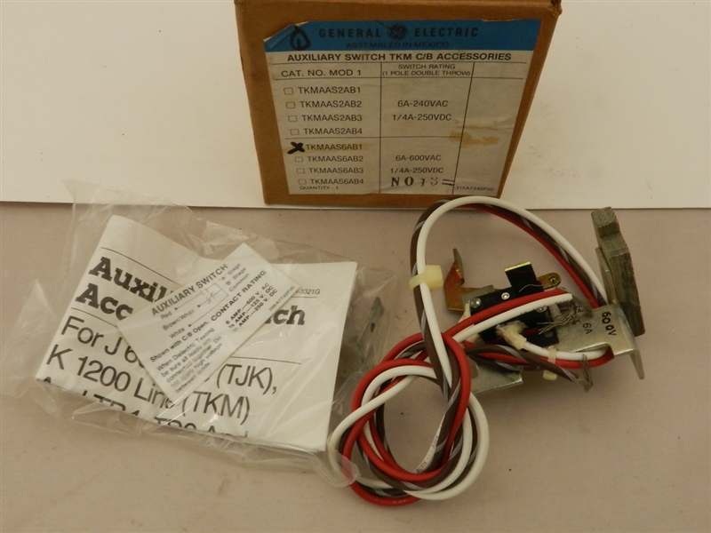 TKMAAS6AB1 GE GENERAL ELECTRIC K 1200 AUXILIARY SWITCH 600 V AC; 250 V DC VOLTAGE; RIGHT/LEFT POLE MOUNTING; CONTACT CONFIGURATION 1A/1B; USED ON TKM,THKM,TKC,TB6,TB8,TBC6,TBC8  MOLDED CASE CIRCUIT BREAKERS