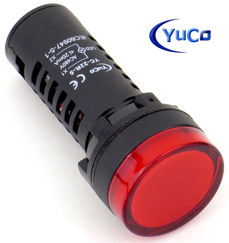 YuCo YC-22R-5 EUROPEAN STANDARD TUV CE LISTED 22MM LED PANEL MOUNT INDICATOR LAMP RED 480V AC