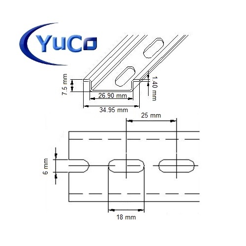 YC-DR-2m-40 YuCo FACTORY CUT (40) x 2m STEEL SLOTTED DIN RAIL 35mm X 7.5mm PR005 ASI RoHS