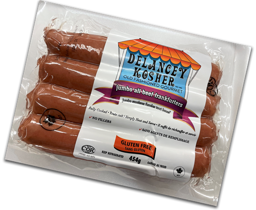 Delancey Kosher Jumbo Frankfurters
All Beef Gourmet - 4 Pack - 454g
