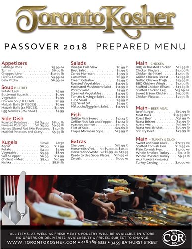 Toronto Kosher 2018 Passover â€¢ Prepared Menu
