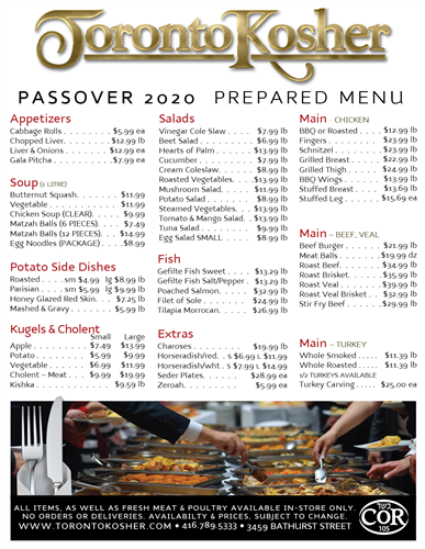 Toronto Kosher's Fabulous Passover Menu for 2020