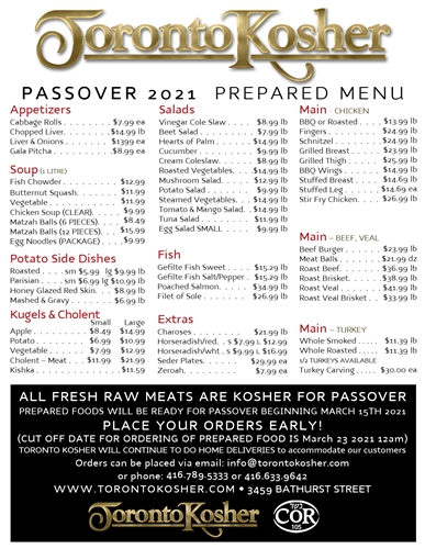 Toronto Kosher's Fabulous Passover Menu for 2021