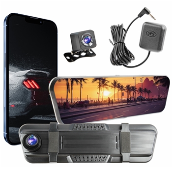 Car In-Mirror Mounted Camera Video Player Dash Cam 1080P+720P Front and Rear Inside 10 Inch Screen, Sensor Motion Detection and Loop Recording, Reverse Car Camera Dashcam, GPS Suction Mount, USB Type B for Cars