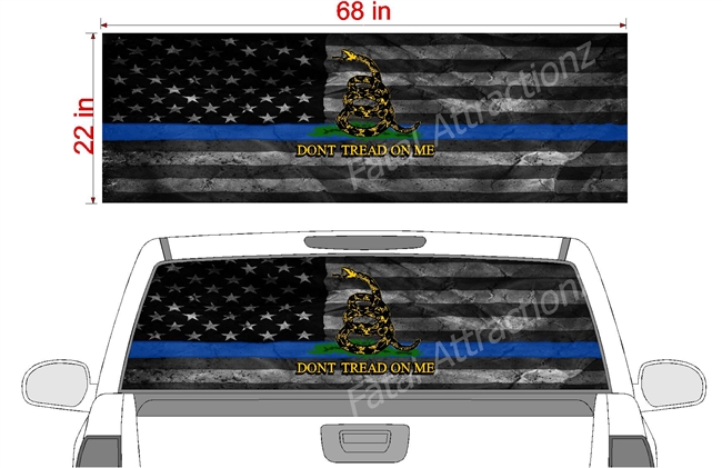 Distressed American Gadsden Flag Blue Line See Thru Window Wrap 22"x68"