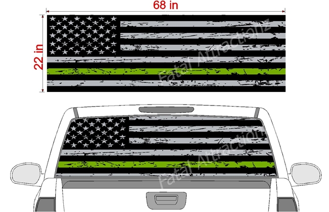 Distressed American Flag Green Line See Thru Window Wrap 22"x68"