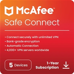 McAfee Safe Connect VPN 2024 5 Device Win Mac Chrome, iOS Android 1 Year Licence