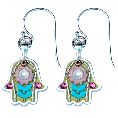 pink and green hamsa earrings