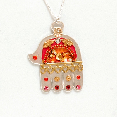 Large Silver Hamsa Red Necklace by Ester Shahaf