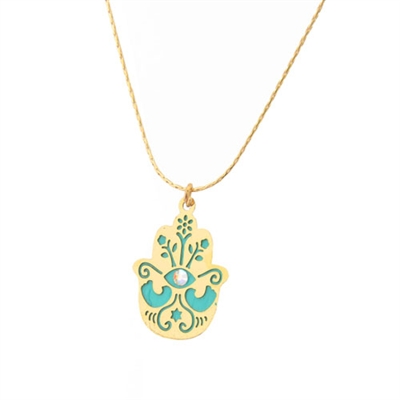 Small Turquoise Doves Hamsa Necklace by Ester Shahaf