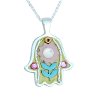 Yellow-Pink Hamsa Necklace by Ester Shahaf