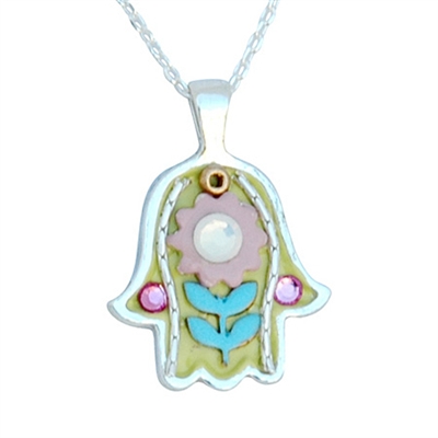 Yellow-Pink Hamsa Necklace by Ester Shahaf