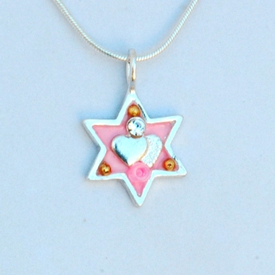 Pink Hearts Wheat Branch Star of David Necklace - Small by Ester Shahaf