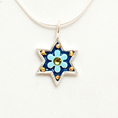 Blue Flower Small Star of David Necklace by Ester Shahaf