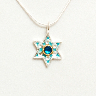 Light Blue Hamsa Small Star of David Necklace by Ester Shahaf
