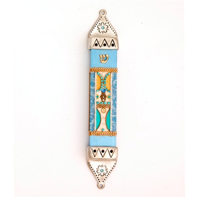 Turquoise Wood & Pewter Mezuzah Case by Ester Shahaf