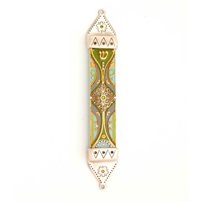 Green Wood & Pewter Mezuzah Case by Ester Shahaf