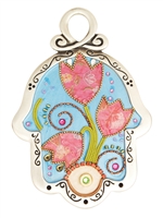 Blue Hamsa Hand with Flowers by Ester Shahaf