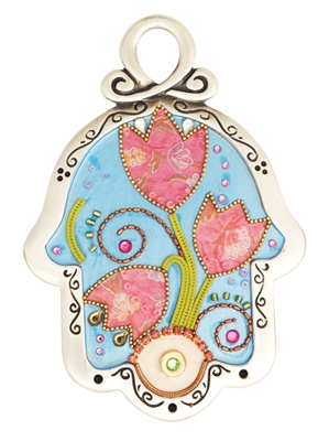 Blue Hamsa Hand with Flowers by Ester Shahaf