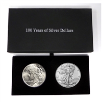1924 Peace Dollar and 2024 Silver Eagle 100 Year Silver Dollar Set in Specialty Felt Lined Black Box