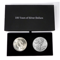 1925 Peace Dollar and 2025 Silver Eagle 100 Year Silver Dollar Set in Specialty Felt Lined Black Box