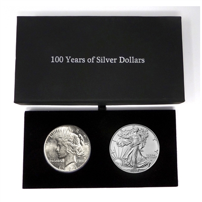 1924 Peace Dollar and 2024 Silver Eagle 100 Year Silver Dollar Set in Specialty Felt Lined Black Box