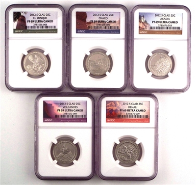 NGC PF69 2012 National Park Clad Proof Quarter 5 Coin Set