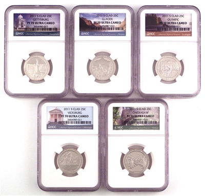 NGC PF70 2011 National Park Clad Proof Quarter 5 Coin Set