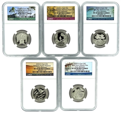 NGC PF70 2020 Early Release National Park Clad Proof Quarter 5 Coin Set