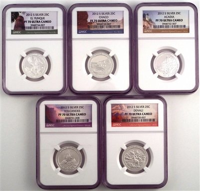 NGC PF70 2012 National Park Silver Proof Quarter 5 Coin Set