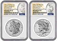 2023 S Silver Reverse Proof Morgan Peace Dollar 2 Coin Set NGC PF70 Ultra Cameo Early Releases